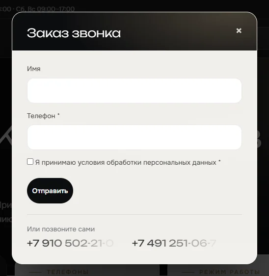 Окно заказа звонка на plitka-62.ru